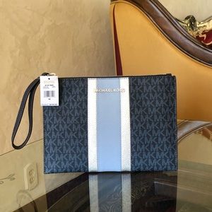 Michael Kors Navy Monogram Wristlet with Light Blue and White Stripe